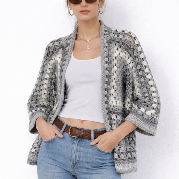 Handmade Sweaters - Hand Knit Openwork Crochet Granny Square Chunky Cardigan Boho Cottage Artsy Sz M